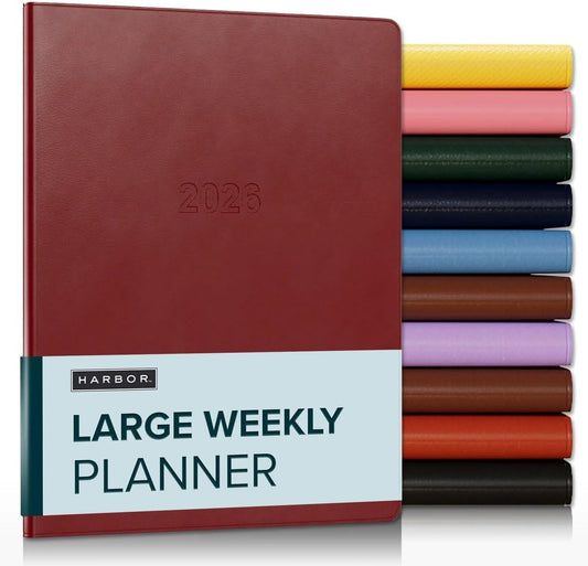 Harbor Large Weekly Monthly Planner 2025-2026 - Calendar Planner and Notebook, Durable Faux Leather, 192 Pages, Softcover & Book Bound - Cambridge Red - 9.75 x 7.5 "