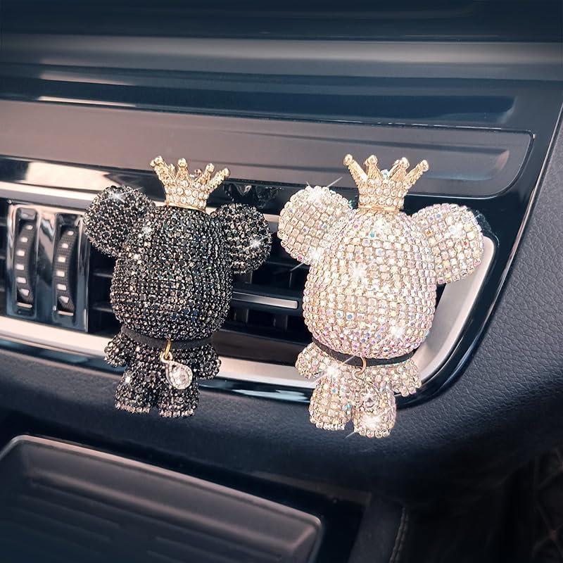 Handmade Bling Rhinestone Bear Car Air Freshener Cute Ornaments Car Vent Clips Accessories Perfume Clip Aromatherapy Diffuser Fragrance Cotton Pad Car Interior Decoratio Women Girl (Black)