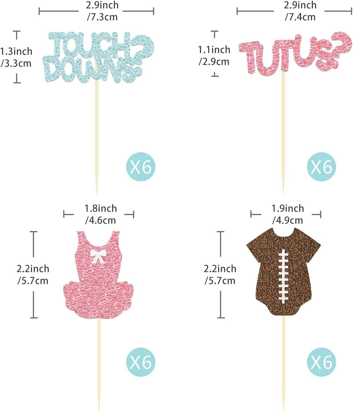 24 Pack Glitter Football Gender Reveal Tutus or Touchdowns Cupcake Toppers Picks Boy or Girl Rugby Birthday Cake Toppers for Gender Reveal Baby Shower Birthday Party Decorations (Tutus or Touchdowns)