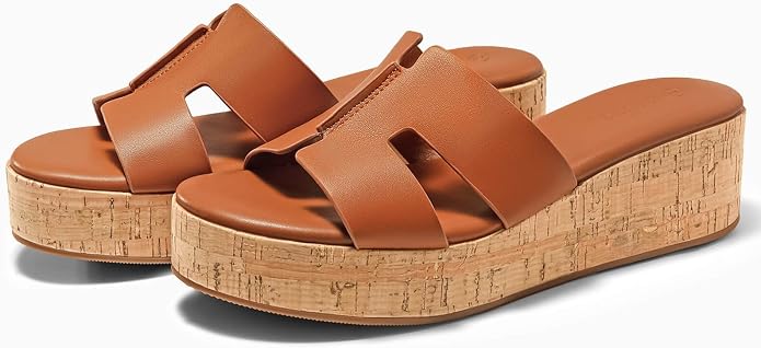 Coutgo Women's Platform Wedge Sandals Open Toe Slip On Slides Cork Heeled - Image 4