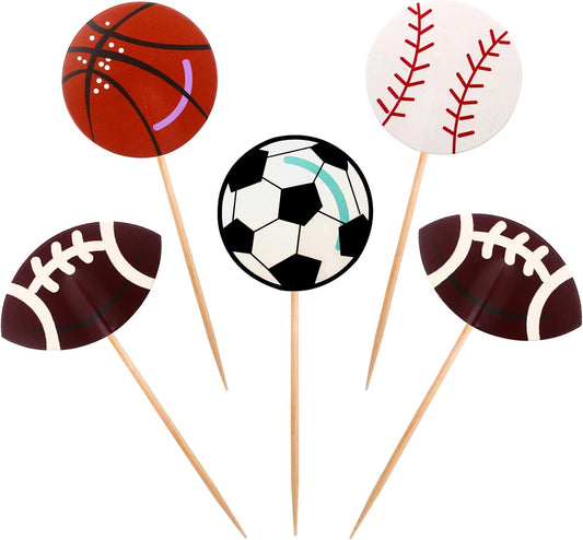 BLUE TOP 48pcs Two Side Sports Ball Cupcake Toppers Sports Theme Cupcake Picks Party Decor Football Baseball Basketball Rugby Decoration Picks for Olympics Games Celebration