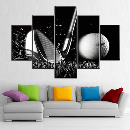 Black and White Paintings Golf Pictures 5 Panel Canvas Golf Ball Wall Art for Living Room Golfing Sport Artwork Contemporary Home Decor Giclee Framed Ready to Hang Posters and Prints(60''Wx40''H)