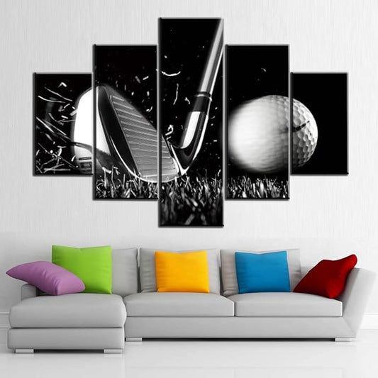 Black and White Paintings Golf Pictures 5 Panel Canvas Golf Ball Wall Art by TUMOVO