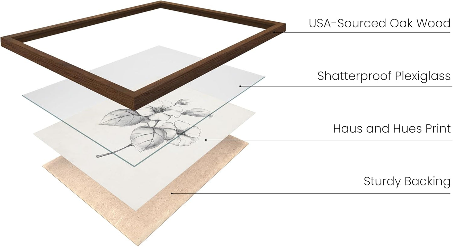 HAUS AND HUES Grey Floral Wall Art - Set of 4 Plant Posters for Wall Vintage, Botanical Prints, Black and White Flower Pictures for Room Aesthetic, Farmhouse Bathroom, Rustic Art (Walnut Frame, 8x10)