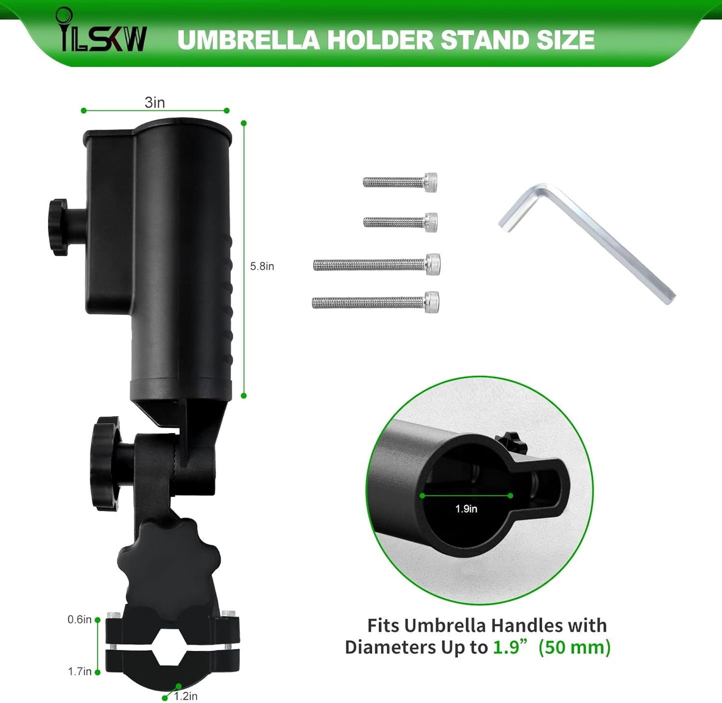 iLSKW Heavy Duty Golf Push Cart Umbrella Holder Upgraded Strong Windproof Design Aluminium Alloy Base with 180 Degrees Adjustment Stroller Umbrella Holder for Mobility Scooter, Wheelchair, Wagon Cart