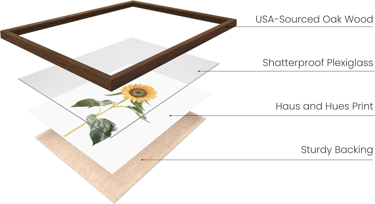 HAUS AND HUES Sunflower Wall Decor - Set of 4 Framed Sunflower Art Prints, Yellow Wall Art for Kitchen or Bedroom, Vintage Flower Paintings (Walnut Frame, 11x14)