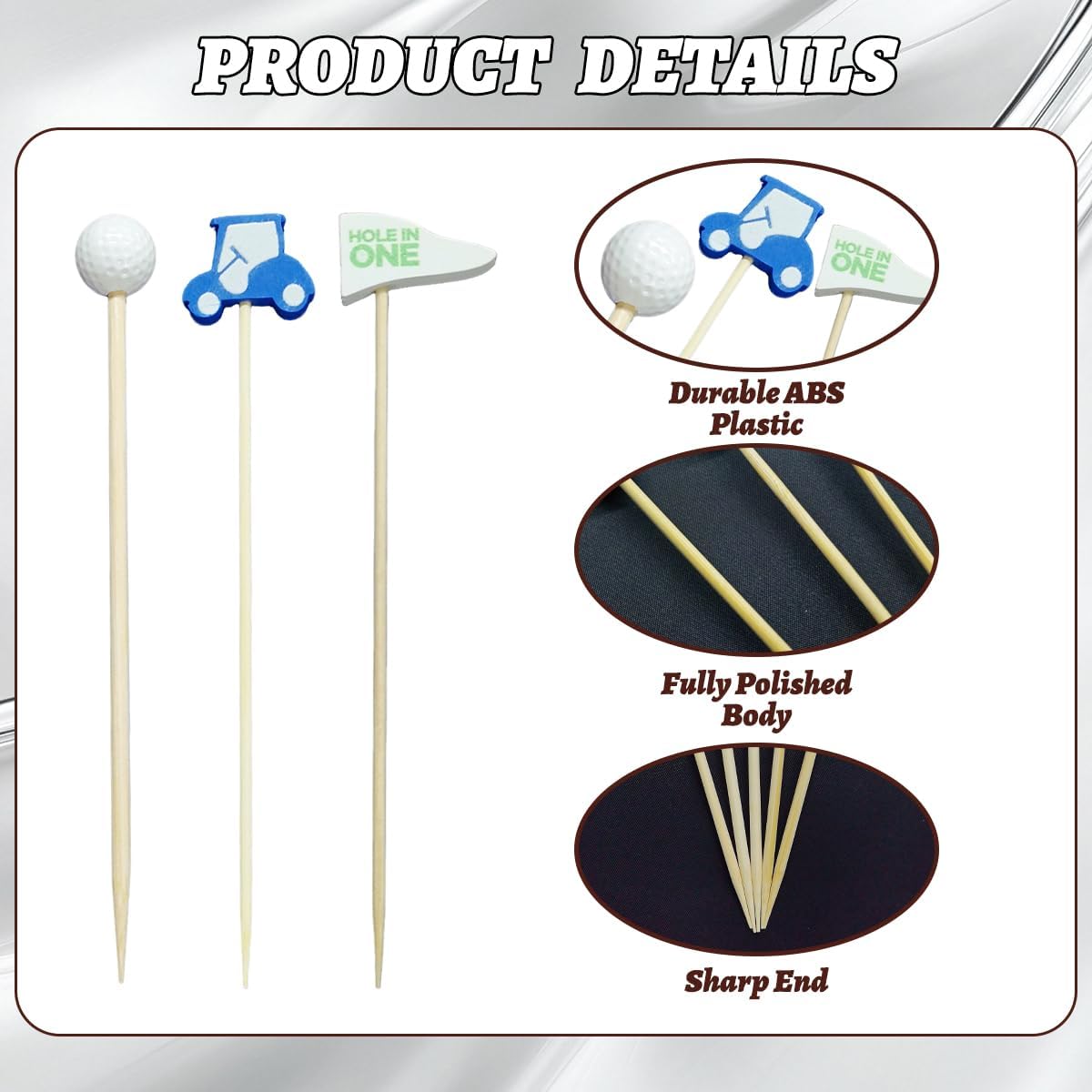 100 Pieces Golf Toothpicks 4.72 Inch Skewers Masters Golf party Decorations Picks Fruit Picks Decorative Toothpicks for Cocktail Sports Party Supplies (golf tooth+cart+flag)
