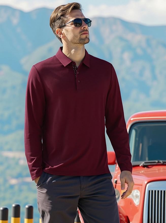 Alex Vando Mens Golf Shirt Moisture Wicking Quick-Dry Solid Long Sleeve Polo - Image 3
