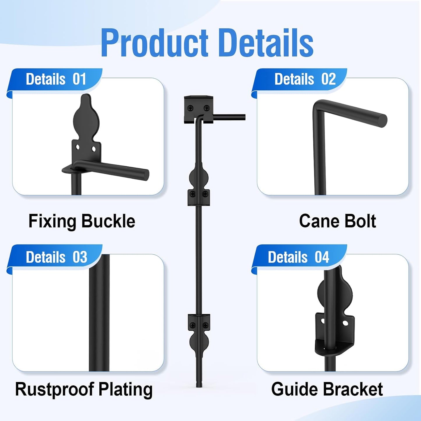 18" Cane Bolt Heavy-Duty Drop Rod for Gate, Heavy Duty Gate Latch for Wooden Fence Metal Gates, Vinyl Fence Gate Land Latch, Floor Latch for Fixing Door to The Ground, Black Coating, 2 Pack