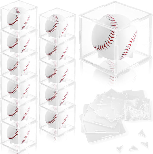 12 Pack Assembled Baseball Display Case, UV-Blocking Acrylic Baseball Holder Display Case, 3.2 Inch Cube Clear Softball Holder Box, Signed Baseballs Protector for Collectibles, Tennis Ball