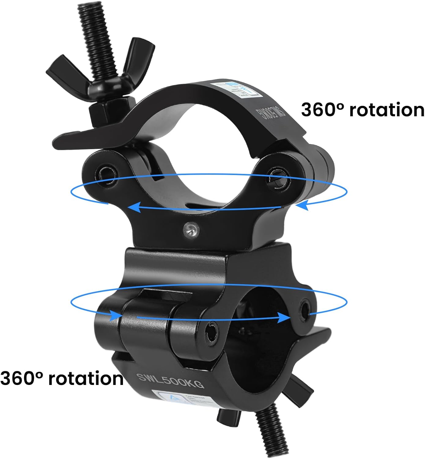 2 Inch Pro-Swivel Truss Clamp Black, 2 Packs Eyeshot 2 Inch Heavy Duty 1100lb Swivel Coupler Truss Clamps, Dual Head Turn As Needed Two 360 Degree Lighting Clamps, Fit Pipe/Truss OD 48-52mm