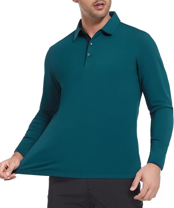 Alex Vando Mens Golf Shirt Moisture Wicking Quick-Dry Solid Long Sleeve Polo - Image 3