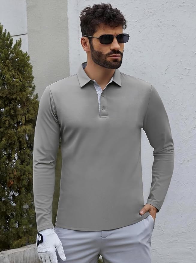 Alex Vando Mens Golf Shirt Moisture Wicking Quick-Dry Solid Long Sleeve Polo - Image 4