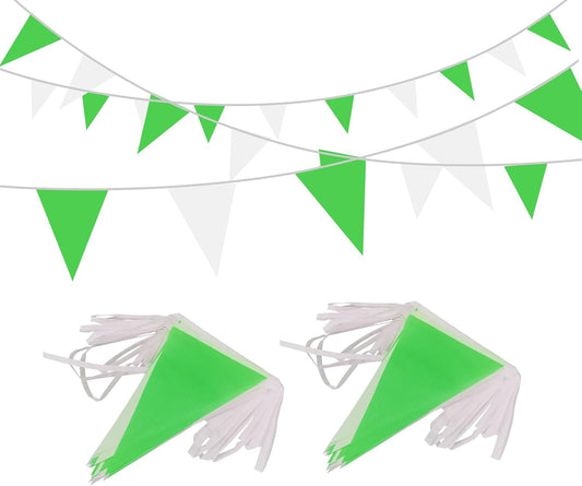 100Ft Green and White Pennant Banner Flags String Fabric Triangle Bunting Flag,Party Decorations for Wedding,Kids Birthday,Home Outdoor Garden Hanging Festivals Decoration,60 Pcs