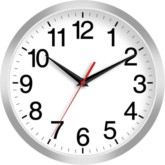 12 Inch Wall Clock Modern Battery Operated Silent Non Ticking Analog Clock Decorative for Bedroom Kitchen Bathroom Office Home Living Room (Silver)