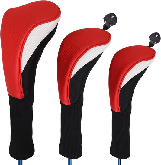 Black Golf Club Head Cover for Driver Fairway 3 Pcs Woods Headcovers, Golf Accessories Hybrid Head Covers Set with Interchangeable Tags 3 4 5 7 X