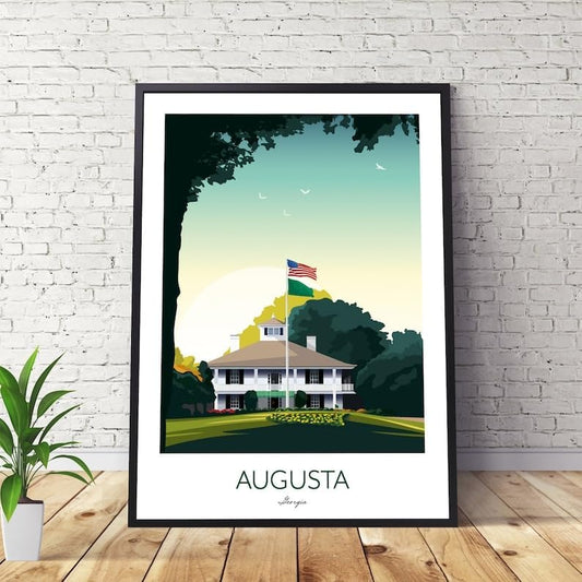 Augusta Golf Print - US Masters Clubhouse - Golf Travel Poster, Augusta Golf Poster, Augusta National Print, Golf Course Wall Art, Masters Tournament Artwork, Golf Decor (Unframed) (9x11)