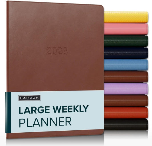 Harbor Large Weekly Monthly Planner 2025-2026 - Calendar Planner and Notebook, Durable Faux Leather, 192 Pages, Softcover & Book Bound - Cambridge Cognac - 9.75 x 7.5 "
