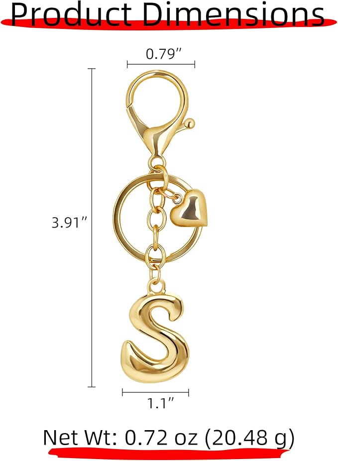 Gold Bubble Heart, Bow & More Designs Letter Initial Keychain Bag Charms – Cute - Image 5