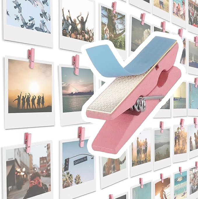 20 Pack Mini Self Adhesive Clips for Pictures - Wood Clip Photo Holders for Wall, Photo Cards Hanging Display Board & Picture Boards, Artwork Photos Holders Hangers Room Decor (Pink)
