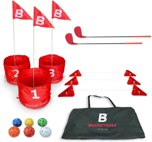 bucketgolf Original Game 3 Hole Travel Set with Clubs - #1 New Backyard Golf Game for The Yard and All Ages Adults and Kids. Beach, Park, School. (2 Right Hand Clubs)
