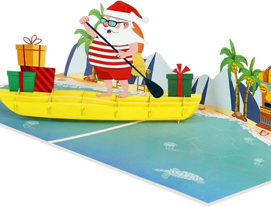 iGifts And Cards Tropical Santa 3D Pop Up Christmas Card - Warm Wishes from Down Under! Funny Beach Holiday Greeting with Santa Rowing a Canoe Full of Gifts – 6" x 8" with Notecard and Envelope