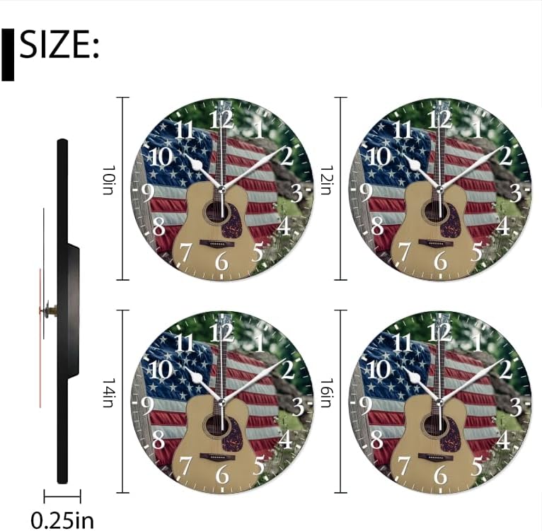 Guitar Wall Clock Non-Ticking Silent Clocks Battery Operated Analog Decor Clock for Home-Guitars Sitting On Fence with American Flag(14inch)