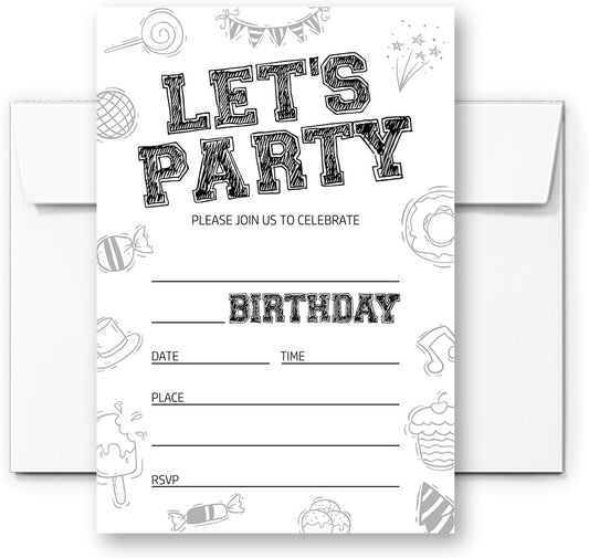 Birthday Invitations with Black and White Design, Birthday Invitations for Boys Teens Kids Girls, Birthday Invitations, Birthday Party Invitations. (Let's Party (082))