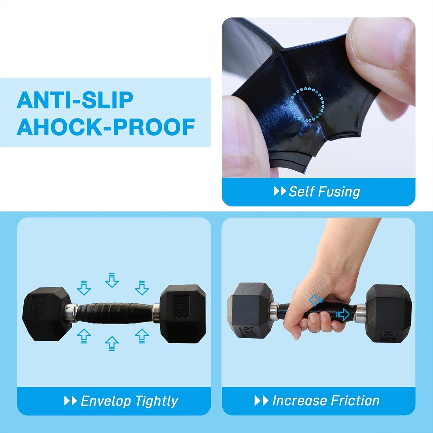 2 Rolls 1IN X 10FT Grip Tape,Silicone Tape for Handles,Self Fusing Silicone Grip Wrap for Fishing Pole,Racket,Pull Up Bar,No Adhesive,Black