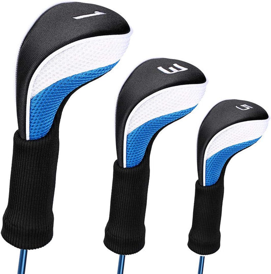Black Golf Club Head Cover for Driver Fairway 3 Pcs Woods Headcovers, Golf Accessories Hybrid Head Covers Set with Interchangeable Tags 3 4 5 7 X