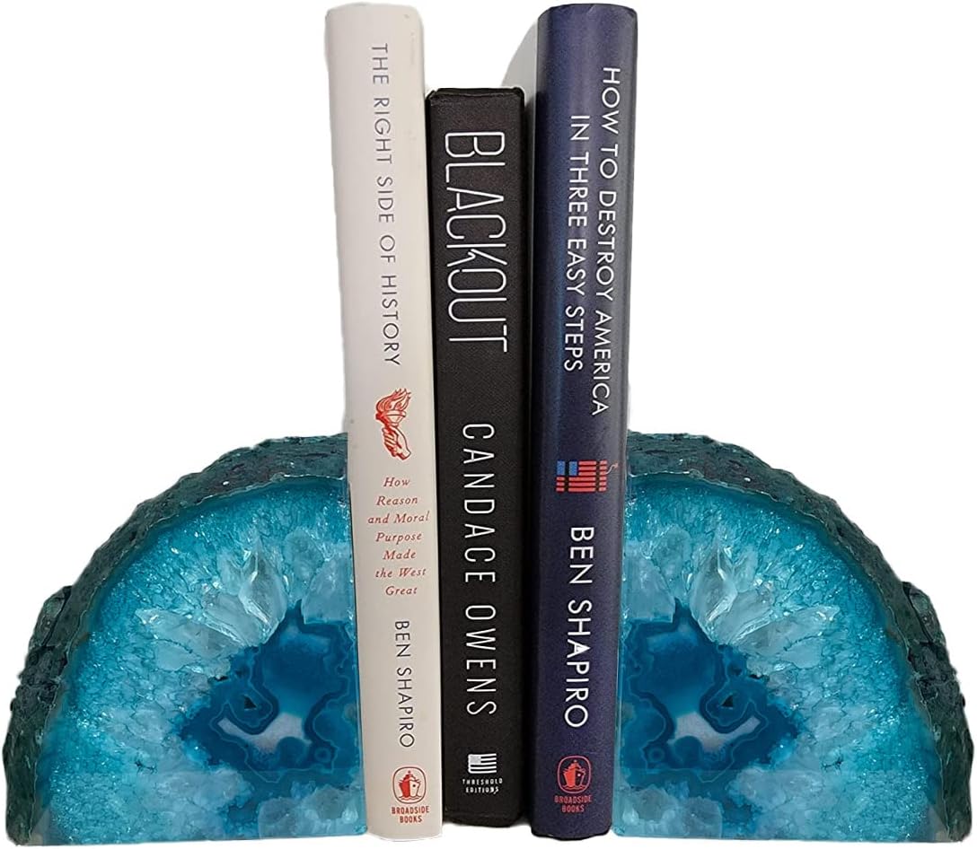 AMOYSTONE Teal Agate Bookends, Decorative Brazilian Crystal Quartz Book Stopper, 3-4 LBS with Non-Slip Mat, Perfect for Kitchen Cookbooks and Bookshelf Ends
