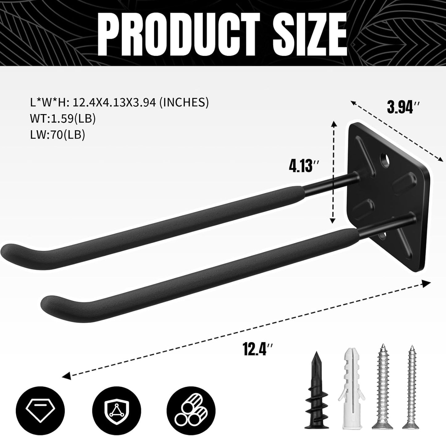 Heavy Duty Garage Hooks and Tool Organizer, Wall Mount Utility Storage Hangers for Car Tires, Ladders, Chairs, Garden Tools, Power Tools and More（2PC-12.4 Inches）
