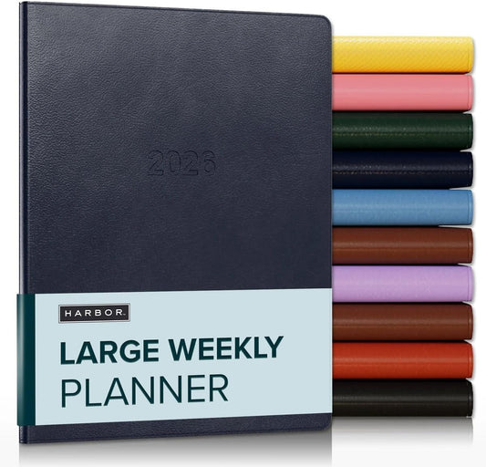 Harbor Large Weekly Monthly Planner 2025-2026 - Calendar Planner and Notebook, Durable Faux Leather, 192 Pages, Softcover & Book Bound - Leida Navy - 9.75 x 7.5 "