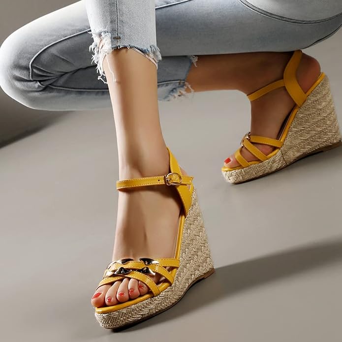 VOKLIN Women's Casual Espadrilles Wedge Sandals Open Toe Ankle Strap Metallic - Image 9