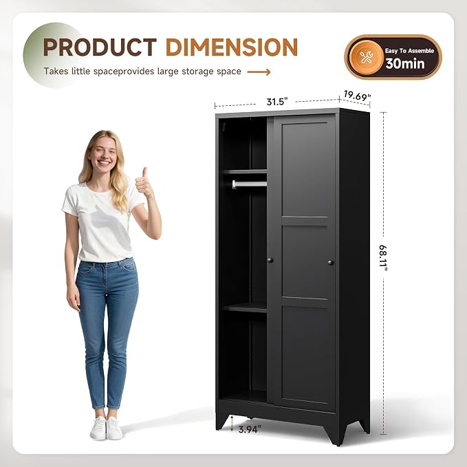 Letaya Metal Sliding Door Wardrobe Cabinets, Narrow Slim Coat Closet Cabinet - Image 3