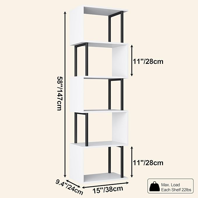 Yusong Bookshelf 5-Tier, Geometric Bookcase S Shaped Book Shelves - Image 3