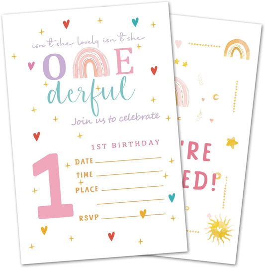 1st Birthday Invitations, Rainbow Party Invitations, 20 Double-Sided Fill In Invitation with Envelopes for Boys Girls, Invitations Cards for Birthday Party Decorations Favor - 10