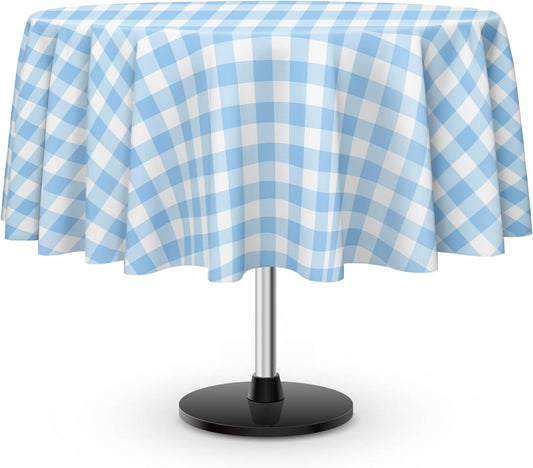 3 Pack Blue and White Checkered Tablecloth, Round Blue Gingham Plastic Table Cloths for Parties Disposable, 84x84 in Waterproof Camping Tablecloth for Birthday Party Baby Shower Picnic School