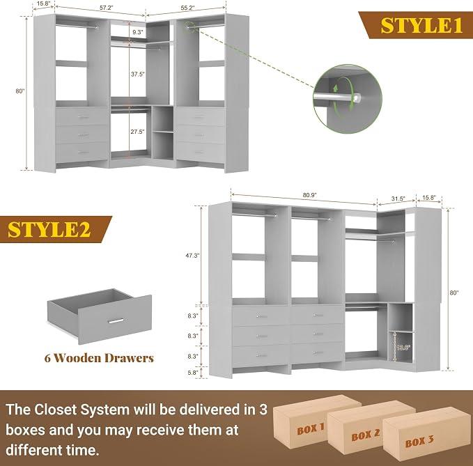 Aheaplus Closet System with 6 Drawers, 4 Hanging Rods & Corner Tower, Corner - Image 7