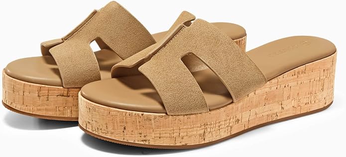 Coutgo Women's Platform Wedge Sandals Open Toe Slip On Slides Cork Heeled - Image 4