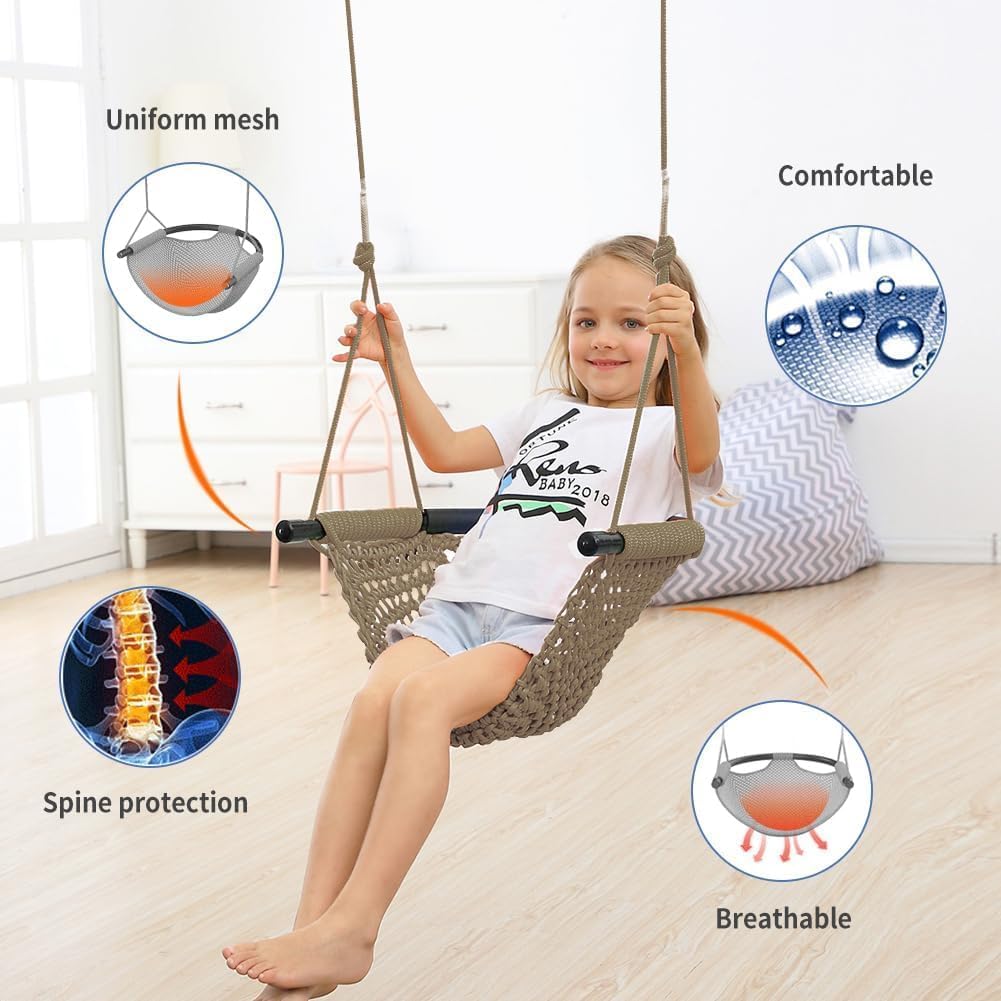 Hand-Knitting Toddler Swing, Swing Seat for Kids with Adjustable Ropes, Little tikes Swings Set, for Outdoor Indoor, Playground, Backyard (Brown-2 Pack)