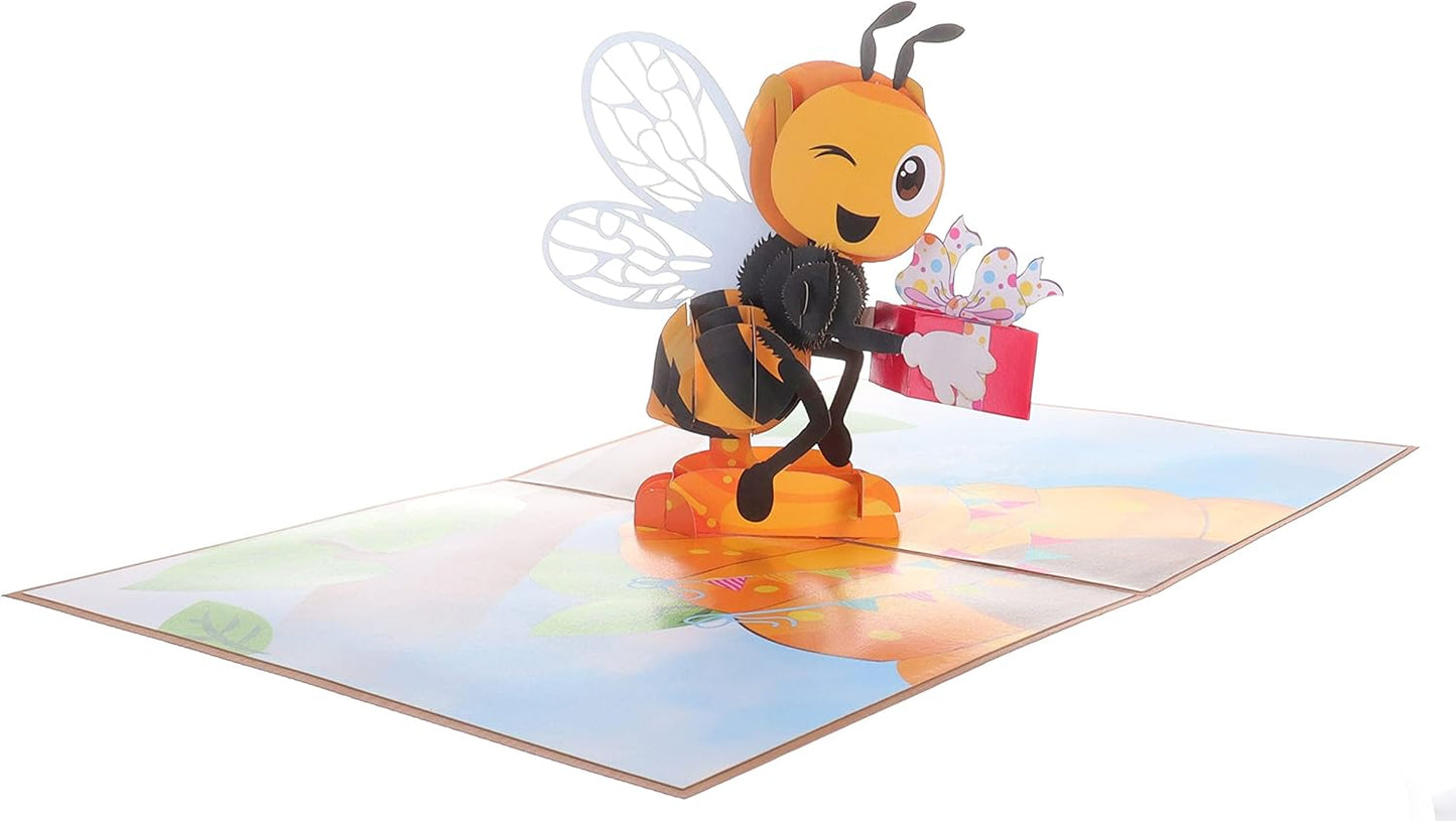 iGifts And Cards Happy Bee Day 3D Pop Up Greeting Card – Honey Bee With Present, Gift For Bee Lovers, Thinking of You, Mother's Day Card, Beehive Present For Wife, Fun Birthday Gift