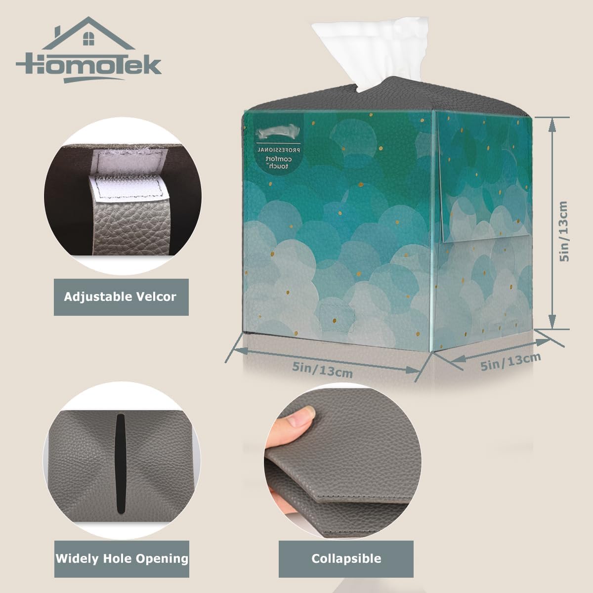 HOMOTEK 2 Pack Tissue Box Cover, Square PU Leather Tissue Holder, Decorative Facial Tissue Cube Paper Organizer Dispenser for Bathroom, Night Stands, Desk, Car 5X5X5'' - Beige, Pebble Grain