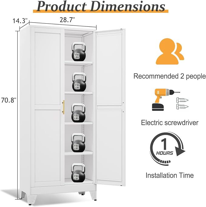 White Pantry Storage Cabinet, Metal Storage Cabinet, - Image 2