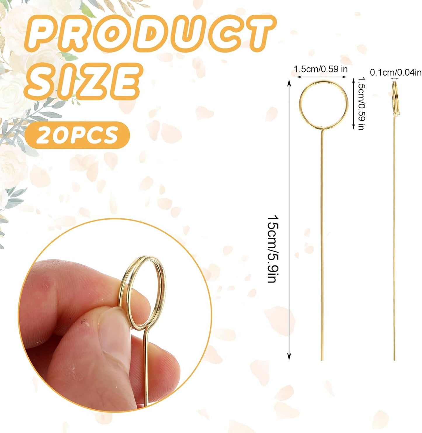 20Pcs Item Stand Place Card Holder, Round Shape Gold Picture Holder Table Number Pick Clips for Gift Card Decorations Metal Wire Floral Picks for Wedding Party Birthday Cake Party Favor