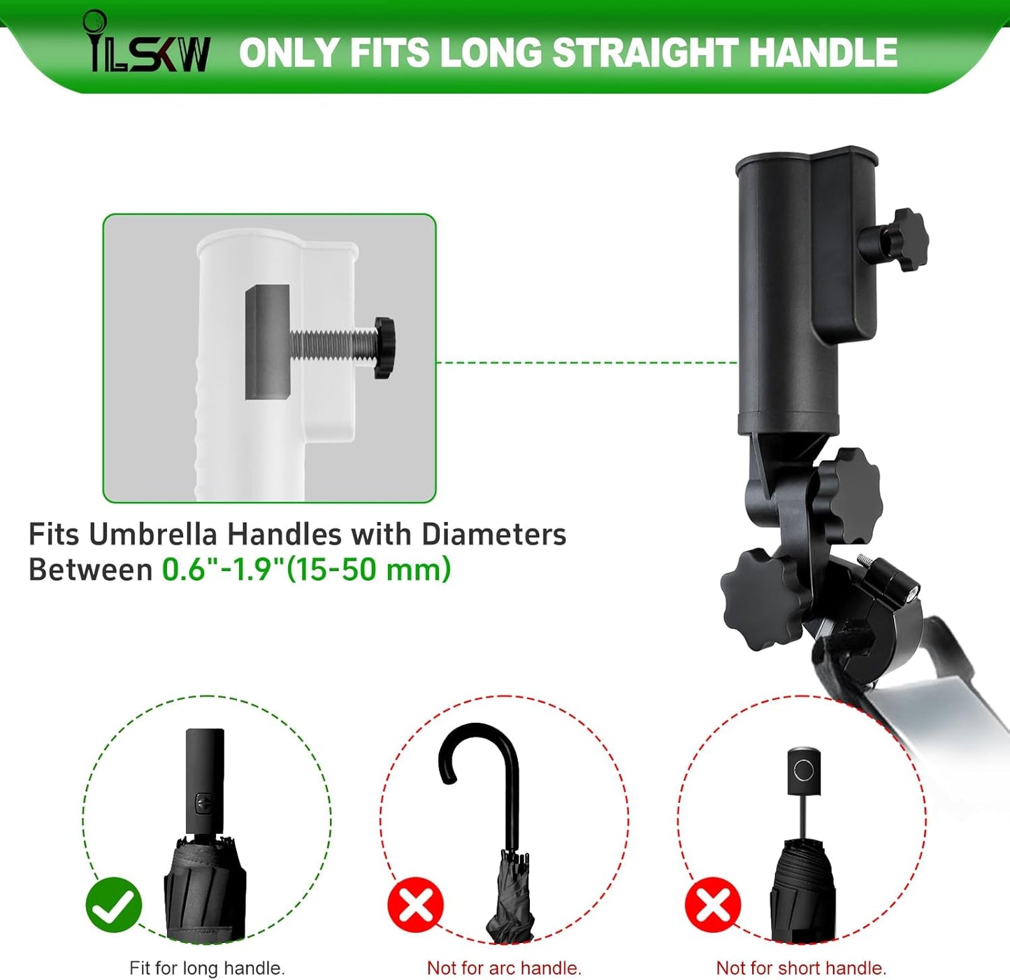 iLSKW Heavy Duty Golf Push Cart Umbrella Holder Upgraded Strong Windproof Design Aluminium Alloy Base with 180 Degrees Adjustment Stroller Umbrella Holder for Mobility Scooter, Wheelchair, Wagon Cart