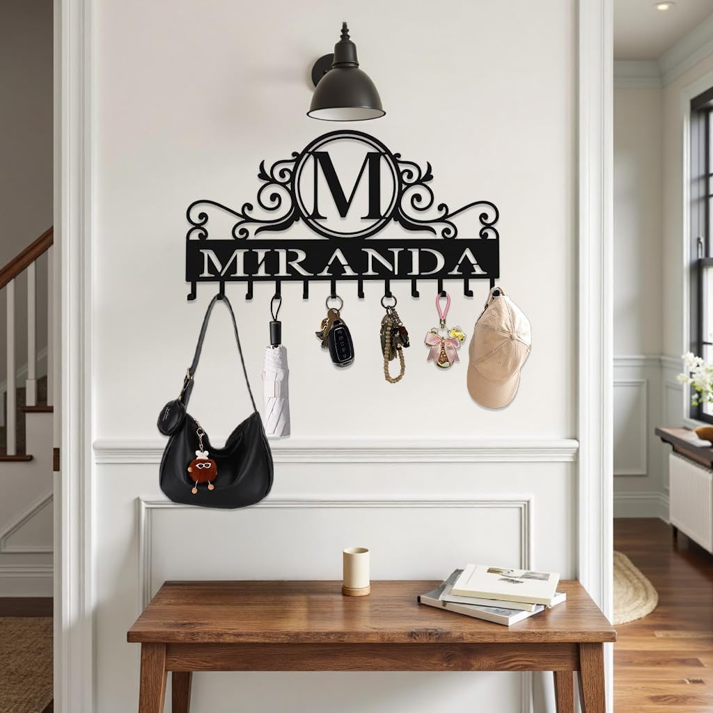 10" Custom Metal Key Rack Hooks, Personalized Key Holder for Wall,Name Background Letter Theme Wall Decoration Key Hooks, Key Hanger Organizer for Living Room, Entryway, Bathroom, Kitchen Decor