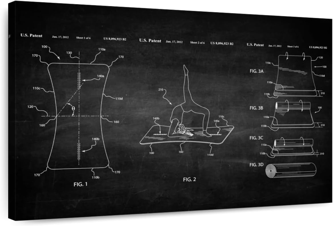 ElephantStock Exercise Mat BW Patent Wall Art - Horizontal Wrapped Canvas - 1-Piece Living Room Wall Decor - Digital Art Patent Canvas Print - Black and White Decor - 45" X 30"