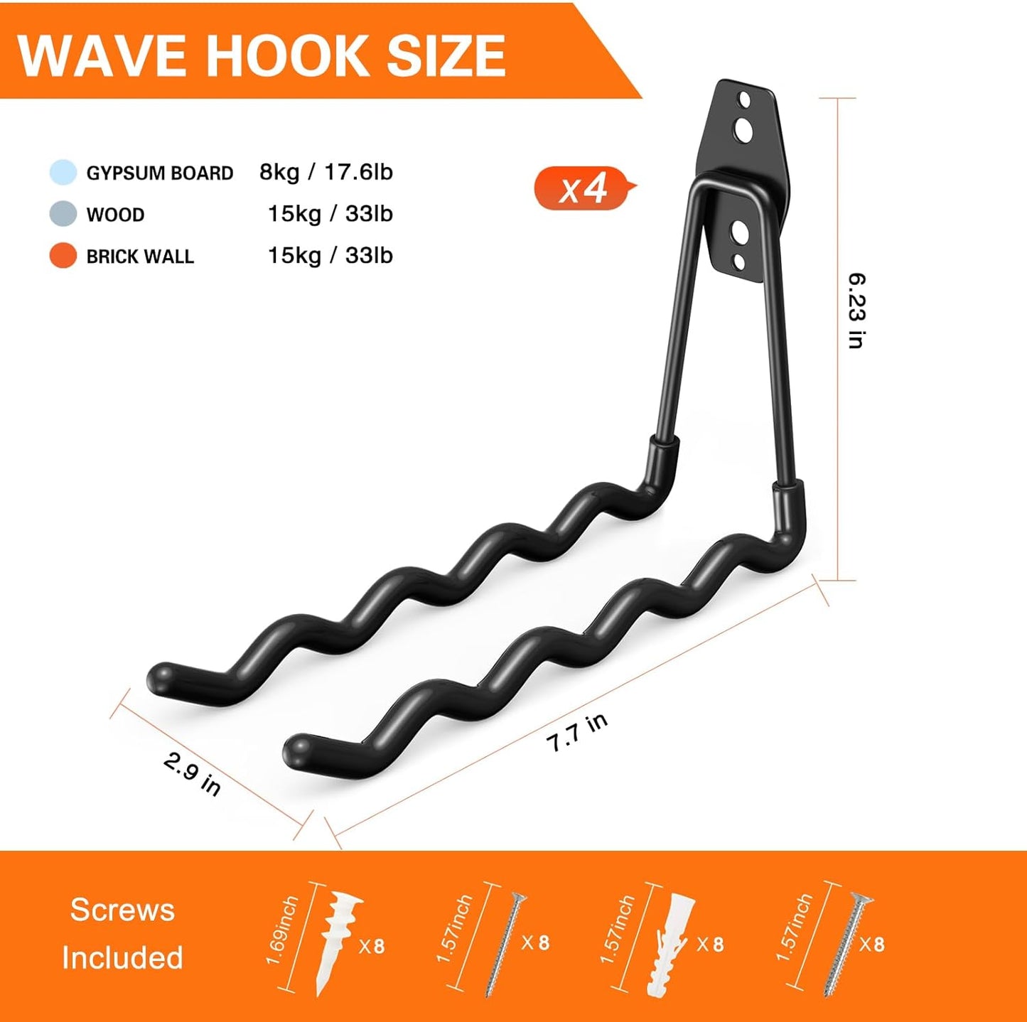 Heavy Duty Garage Hooks 4 Pack, 7.7 inch Wave Long Hanger, Wall Mounted Storage System, Power and Garden Tool Organizer, for Hanging Ladders, Bikes, Hose, Bulk Items and More