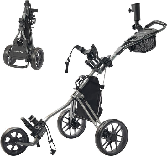 Golf Push Cart 3 Wheel, Folding Golf Cart with Foot Brake,Cooler Bag, Umbrella Holder, Cup Holder, Storage Compartment
